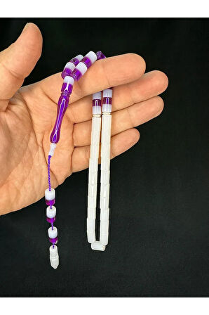 MOR BEYAZ GEÇİŞLİ TOZ KEHRİBAR TESBİH KESME KESİM 11MMX7MM T-693
