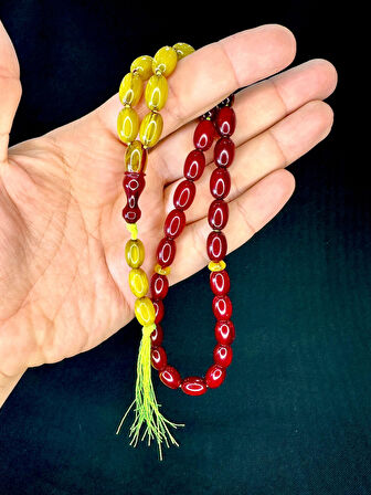 BORDO SARI OSMANLI BENZETME SIKMA KEHRİBAR TESBİH 8MMX12MM T-751
