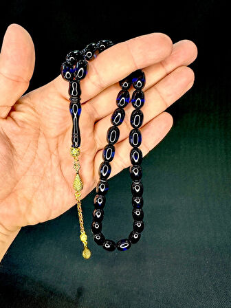 SÜRMELİ UÇAK CAMI TESBİH MAVİ SİYAH RENKLİ KAPSÜL KESİM T-753