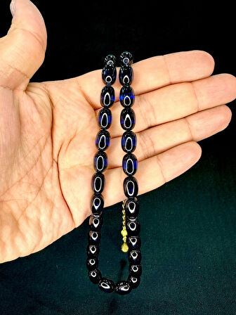 SÜRMELİ UÇAK CAMI TESBİH MAVİ SİYAH RENKLİ KAPSÜL KESİM T-753