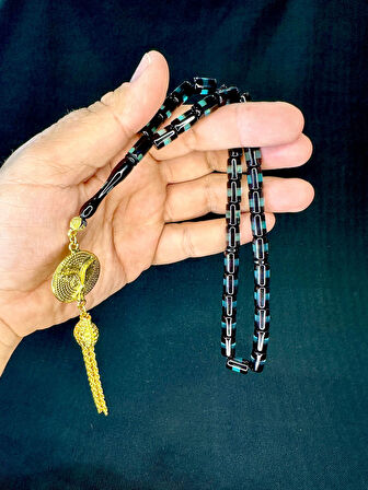 SÜRMELİ UÇAK CAMI TESBİH TURKUAZ SİYAH RENKLİ KESME KESİM T-755