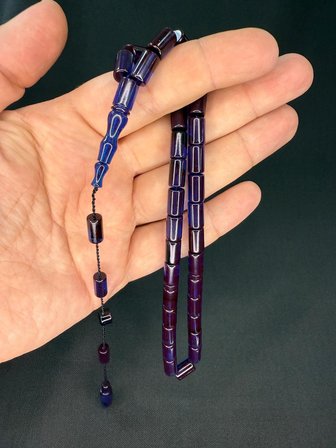 ERKAN ÇUBUKÇU USTA İŞİ ATEŞ KEHRİBAR TESBİH KESME KESİM LACİVERT RENK 10MMX6,5MM T-789