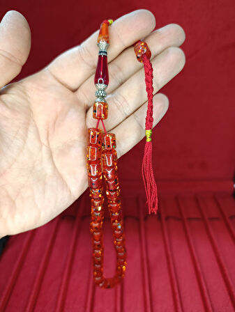 ÇUBUK KEHRİBAR TESBİH SİMLİ NECEF KAPSÜL KESİM KIRMIZI 10MMX8,5MM T-811