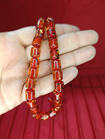 ÇUBUK KEHRİBAR TESBİH SİMLİ NECEF KAPSÜL KESİM KIRMIZI 10MMX8,5MM T-811