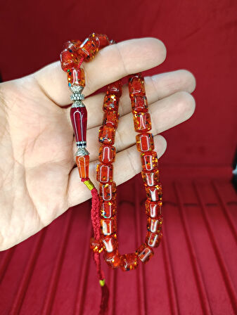 ÇUBUK KEHRİBAR TESBİH SİMLİ NECEF KAPSÜL KESİM KIRMIZI 10MMX8,5MM T-811