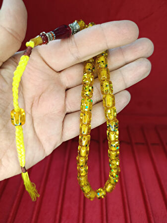 ÇUBUK KEHRİBAR TESBİH SİMLİ NECEF KAPSÜL KESİM SARI 10MMX8,5MM T-812