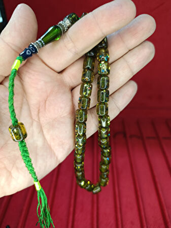 ÇUBUK KEHRİBAR TESBİH SİMLİ NECEF KAPSÜL KESİM YEŞİL 10MMX8,5MM T-813