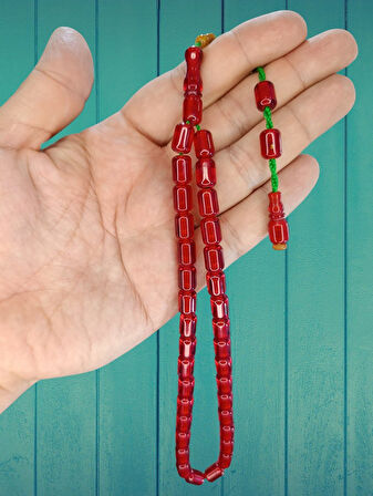 ÇUBUK KEHRİBAR TESBİH DABBAS KIRMIZI RENK KAPSÜL KESİM T-827