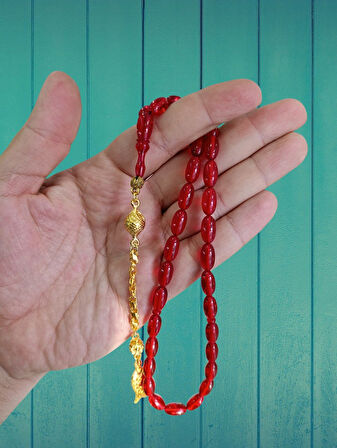 ATEŞ KEHRİBAR TESBİH KIRMIZI RENK BEYZİ KESİM HEDİYE T-832