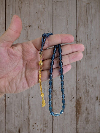 ATEŞ KEHRİBAR TESBİH MAVİ RENK BEYZİ KESİM HEDİYE T-835