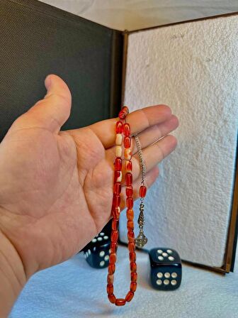 Ateş Kehribar Tesbih Kırmızı-beyaz Renkli Kapsül Kesim T-85