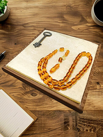 ATEŞ KEHRİBAR TESBİH KAPSÜL KESİM SARI RENK ÖMER ALTUN USTA İŞİ BABALAR GÜNÜ SEVGİLİYE HEDİYE T-859