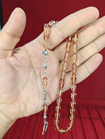 ATEŞ KEHRİBAR TESBİH BEYZİ KESİM ŞEFFAF RENK T-869