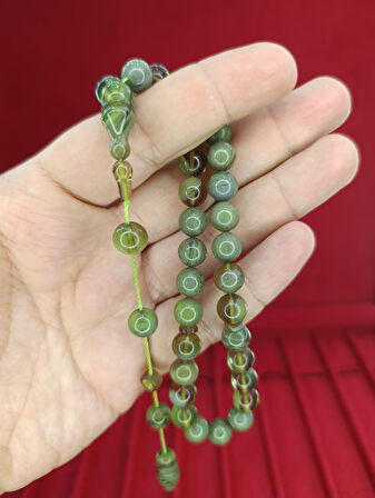 ATEŞ KEHRİBAR TESBİH HİKMET AL SAİD USTA YAPIMI KÜRE KESİM YEŞİL RENKLİ T-871