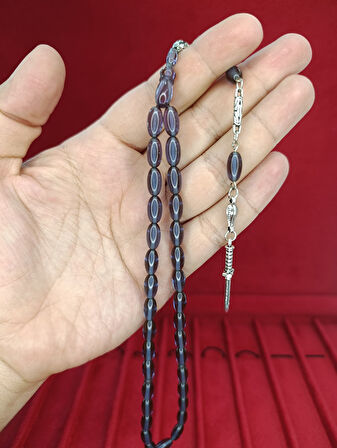 ATEŞ KEHRİBAR TESBİH MAVİ RENK ARPA KESİM T-876