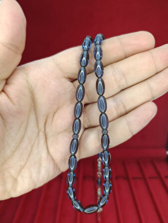 ATEŞ KEHRİBAR TESBİH MAVİ RENK ARPA KESİM T-876