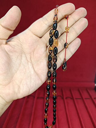 ATEŞ KEHRİBAR TESBİH BEYZİ KESİM SİYAH SARI KARIŞIK RENKLİ T-878