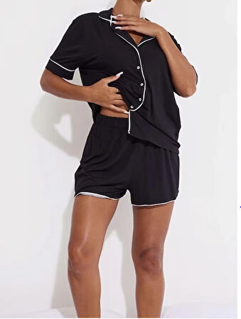 Düğmeli Biyeli Şortlu Pijama Takımı