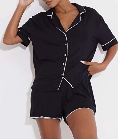 Düğmeli Biyeli Şortlu Pijama Takımı