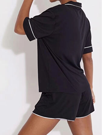 Düğmeli Biyeli Şortlu Pijama Takımı