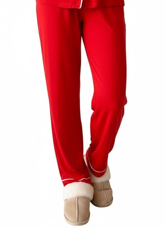 Merlot Kırmızı Düğmeli Biyeli Uzun Pijama Takımı
