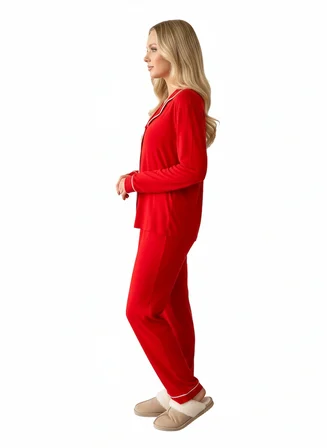Merlot Kırmızı Düğmeli Biyeli Uzun Pijama Takımı