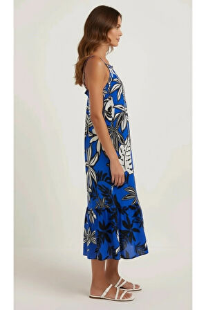 Kadın Yaprak Desenli Askılı Viskon Elbise