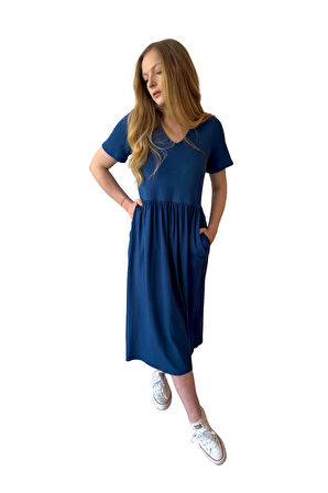 Cep Detaylı V Yaka Elbise