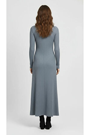 Kadın Şardonlu Likralı Fitilli Bisiklet Yaka Uzun Kalem Elbise