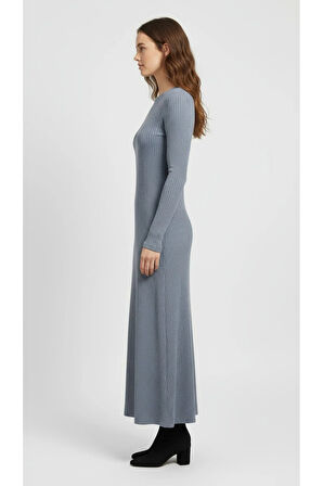 Kadın Şardonlu Likralı Fitilli Bisiklet Yaka Uzun Kalem Elbise