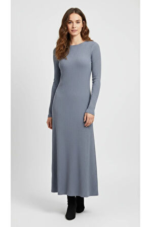 Kadın Şardonlu Likralı Fitilli Bisiklet Yaka Uzun Kalem Elbise