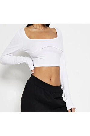 Kadın Dikiş Detaylı Uzun Kollu Crop Bluz