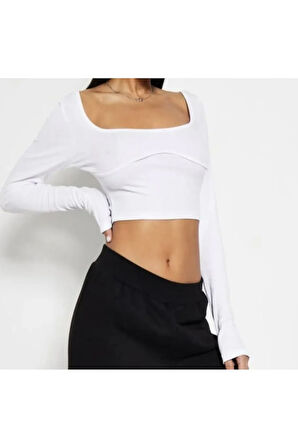 Kadın Dikiş Detaylı Uzun Kollu Crop Bluz