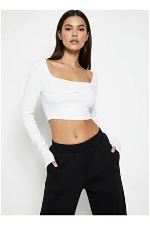 Kadın Dikiş Detaylı Uzun Kollu Crop Bluz