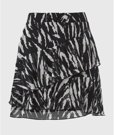 Zebra Desenli Asimetrik Katmanlı Beli Lastikli Astarlı Tül Mini Etek
