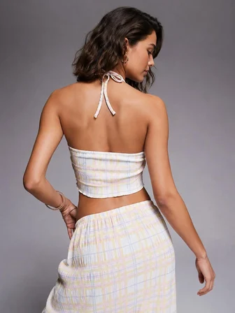 Halter Yaka Ekoseli Crop Üst