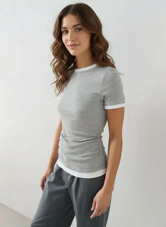 Gri Melanj Kontrast Çift Görünümlü Büzgü Detaylı T-shirt