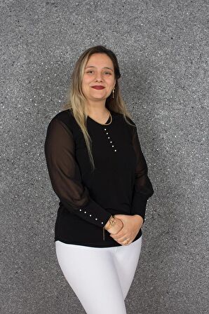 Truva Xxl Büyük Beden İncili Kol Tül Bluz Siyah B079