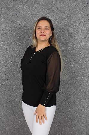 Truva Xxl Büyük Beden İncili Kol Tül Bluz Siyah B079