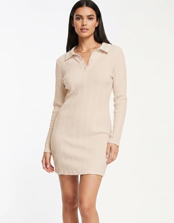 Polo Yaka Crinkle Astarlı Mini Bej Elbise