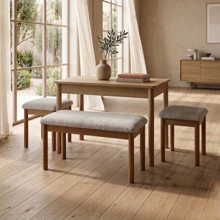 Nuu Minimal Açılır Mutfak Masa Takımı Klimt Meşe Bukle Krem (1 Masa + 2 Tabure + 1 Sırtsız Bench)