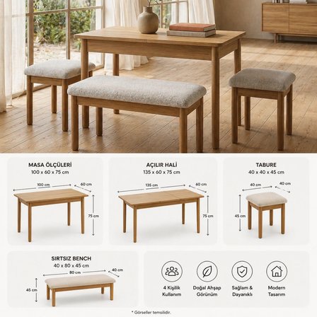 Nuu Minimal Açılır Mutfak Masa Takımı Klimt Meşe Bukle Krem (1 Masa + 2 Tabure + 1 Sırtsız Bench)