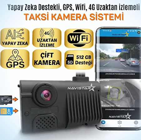 Uzaktan izlemeli 2 Kameralı Wifi GPS 4G Yapay Zeka destekli Akıllı Dashcam Taksi Kamera Sistemi