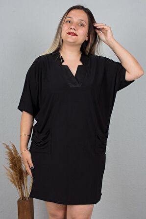 Truva Xxl Büyük Beden Cebi Büzgülü Elbise Siyah 662