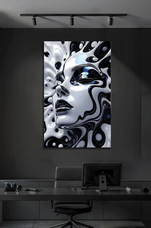 Modern Dekoratif Cam Tablo 3D Efektli Soyut Kadın Yüzü Siyah Beyaz Akışkan Lüks Salon Ofis Dekoru