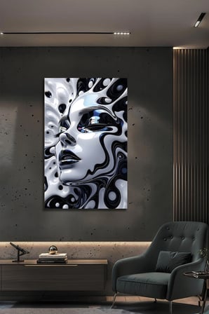 Modern Dekoratif Cam Tablo 3D Efektli Soyut Kadın Yüzü Siyah Beyaz Akışkan Lüks Salon Ofis Dekoru