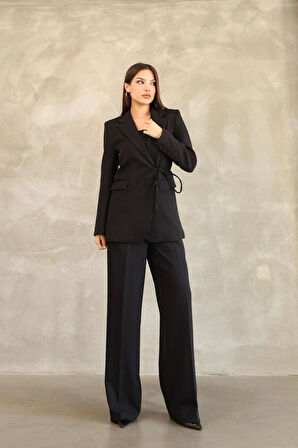 Kadın Siyah Yandan Bağlamalı Blazer Ceket Pantolon Takım