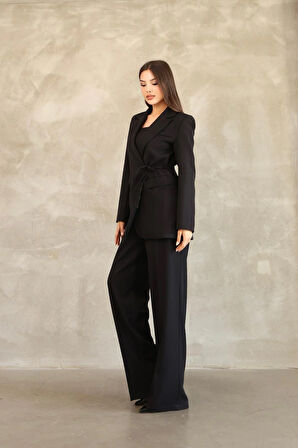 Kadın Siyah Yandan Bağlamalı Blazer Ceket Pantolon Takım