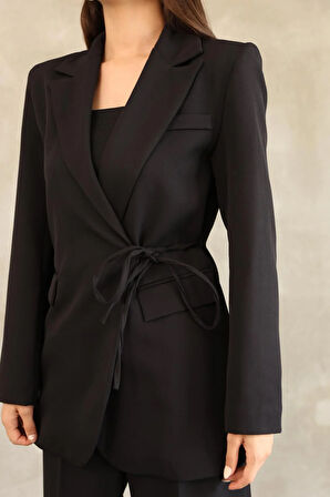 Kadın Siyah Yandan Bağlamalı Blazer Ceket Pantolon Takım