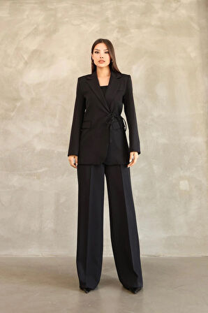 Kadın Siyah Yandan Bağlamalı Blazer Ceket Pantolon Takım